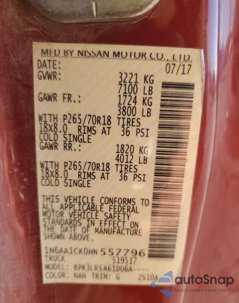 2017 Nissan Titan S из США, поврежденный, VIN 1N6AA1CK0HN557796